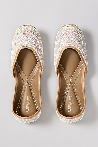 Multi-Colored Genuine Leather Pearl Hand Embroidered Juttis by Coral Haze