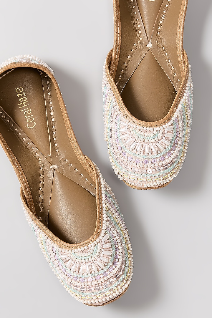 Multi-Colored Genuine Leather Pearl Hand Embroidered Juttis by Coral Haze at Pernia's Pop Up Shop