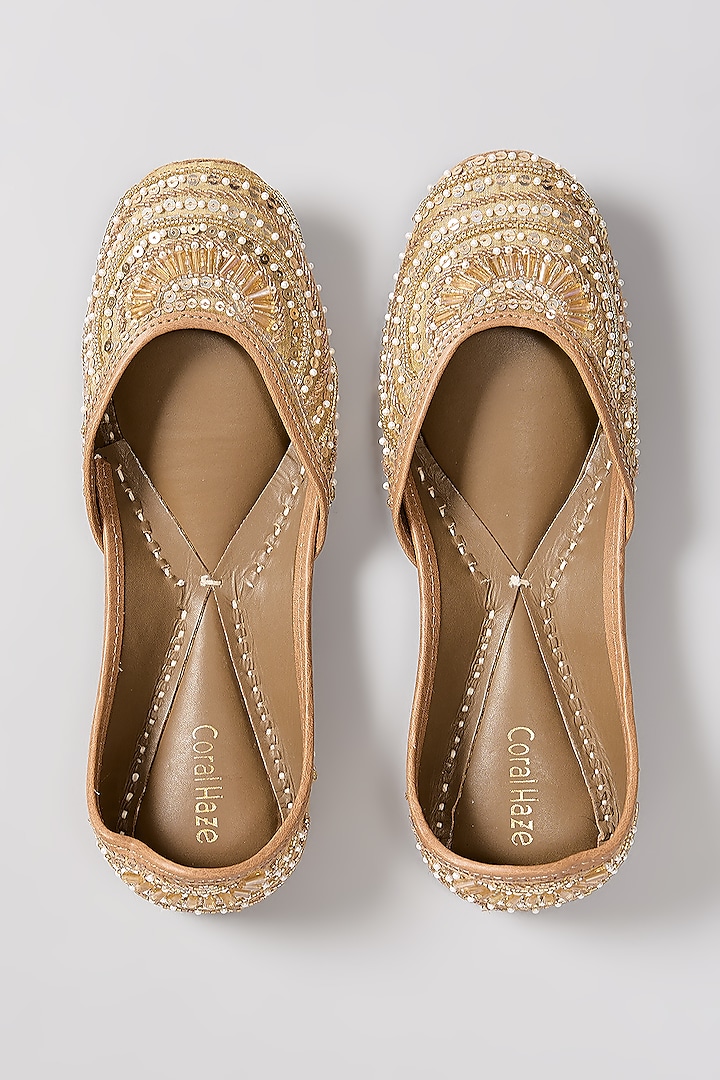 Gold Genuine Leather Zardosi Hand Embroidered Juttis by Coral Haze at Pernia's Pop Up Shop