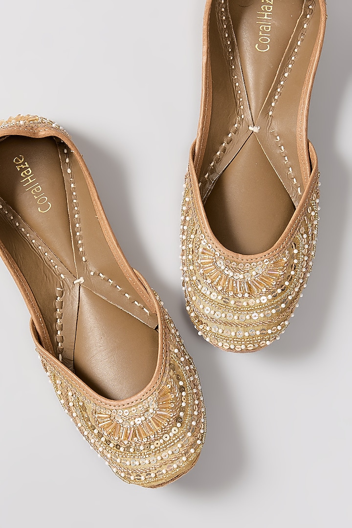 Gold Genuine Leather Zardosi Hand Embroidered Juttis by Coral Haze at Pernia's Pop Up Shop