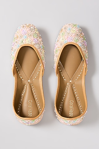 Multi-Colored Genuine Leather Pearl Hand Embroidered Juttis by Coral Haze