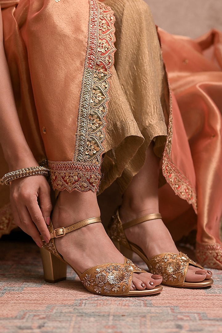 Gold Dupion Silk Zardosi Hand Embroidered Heels by Coral Haze at Pernia's Pop Up Shop