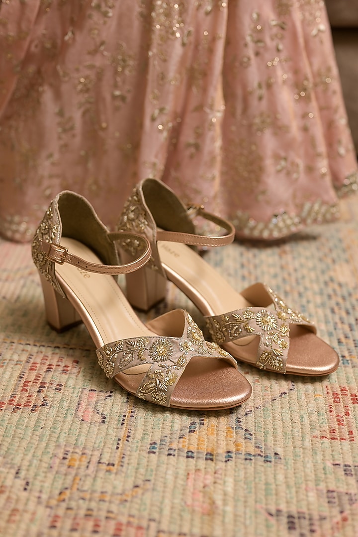 Nude Dupion Silk Zardosi Hand Embroidered Heels by Coral Haze at Pernia's Pop Up Shop