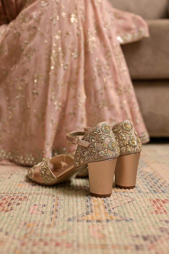 Nude Dupion Silk Zardosi Hand Embroidered Heels by Coral Haze at Pernia's Pop Up Shop
