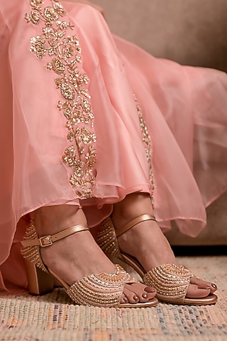 Rose Gold Dupion Silk Pearl Hand Embroidered Heels by Coral Haze