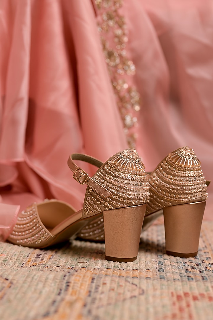 Rose Gold Dupion Silk Pearl Hand Embroidered Heels by Coral Haze at Pernia's Pop Up Shop