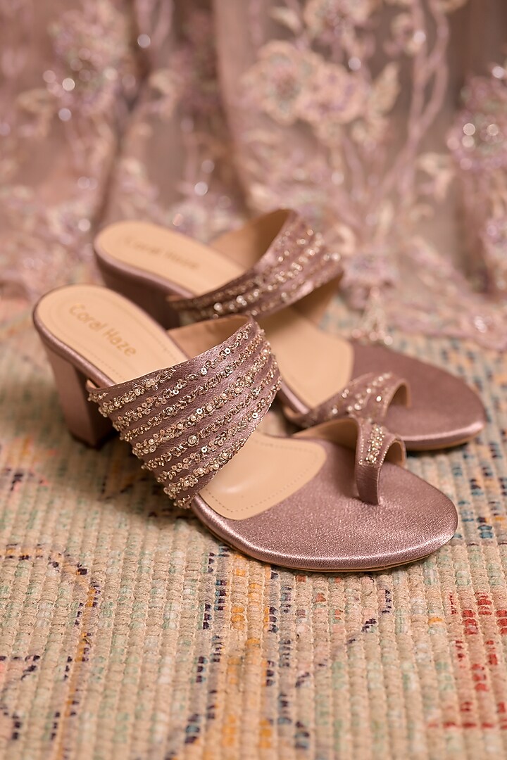 Dusty Pink Dupion Silk Bead Hand Embroidered Heels by Coral Haze at Pernia's Pop Up Shop