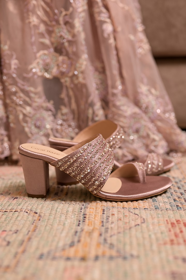 Dusty Pink Dupion Silk Bead Hand Embroidered Heels by Coral Haze at Pernia's Pop Up Shop
