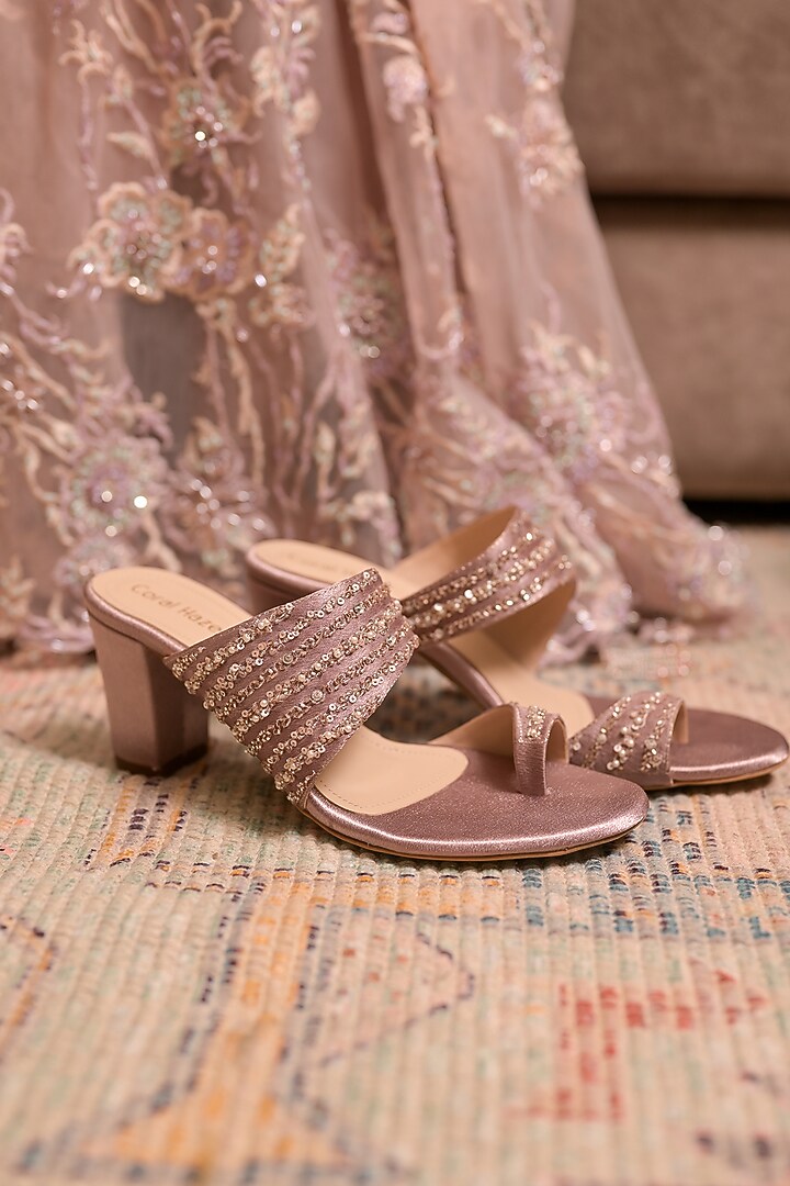Dusty Pink Dupion Silk Bead Hand Embroidered Heels by Coral Haze at Pernia's Pop Up Shop