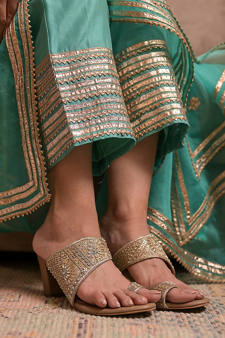 Taupe Dupion Silk Zardosi Hand Embroidered Heels by Coral Haze at Pernia's Pop Up Shop