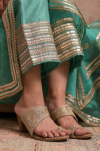 Taupe Dupion Silk Zardosi Hand Embroidered Heels by Coral Haze