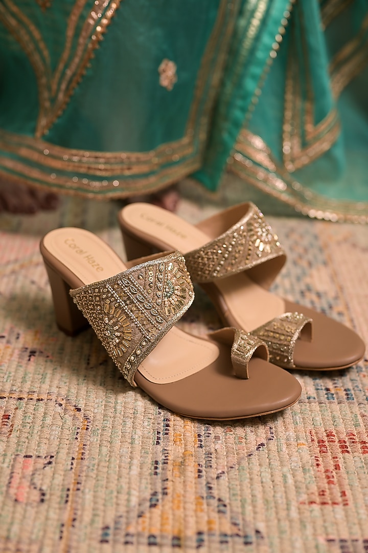 Taupe Dupion Silk Zardosi Hand Embroidered Heels by Coral Haze at Pernia's Pop Up Shop