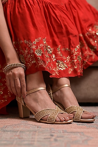 Gold Dupion Silk Hand Embroidered Heels by Coral Haze