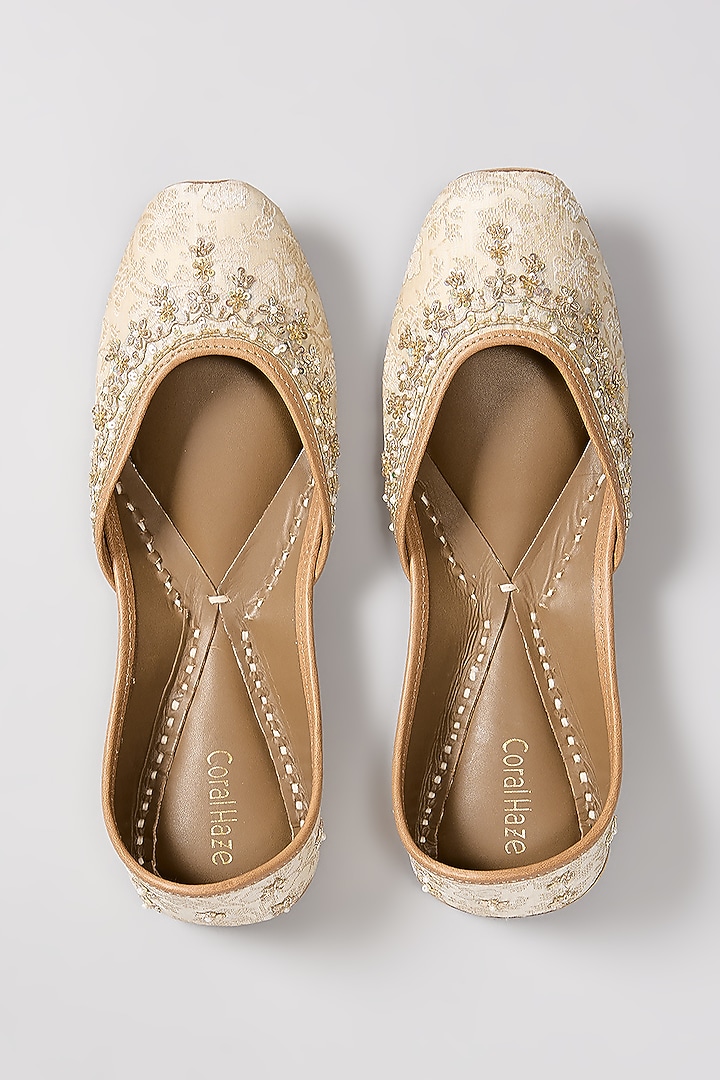 Beige & Gold Genuine Leather Zardosi Hand Embroidered Juttis by Coral Haze at Pernia's Pop Up Shop