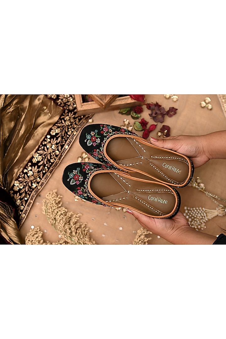 Black Velvet Zardosi & Floral Hand Embroidered Juttis by Coral Haze at Pernia's Pop Up Shop