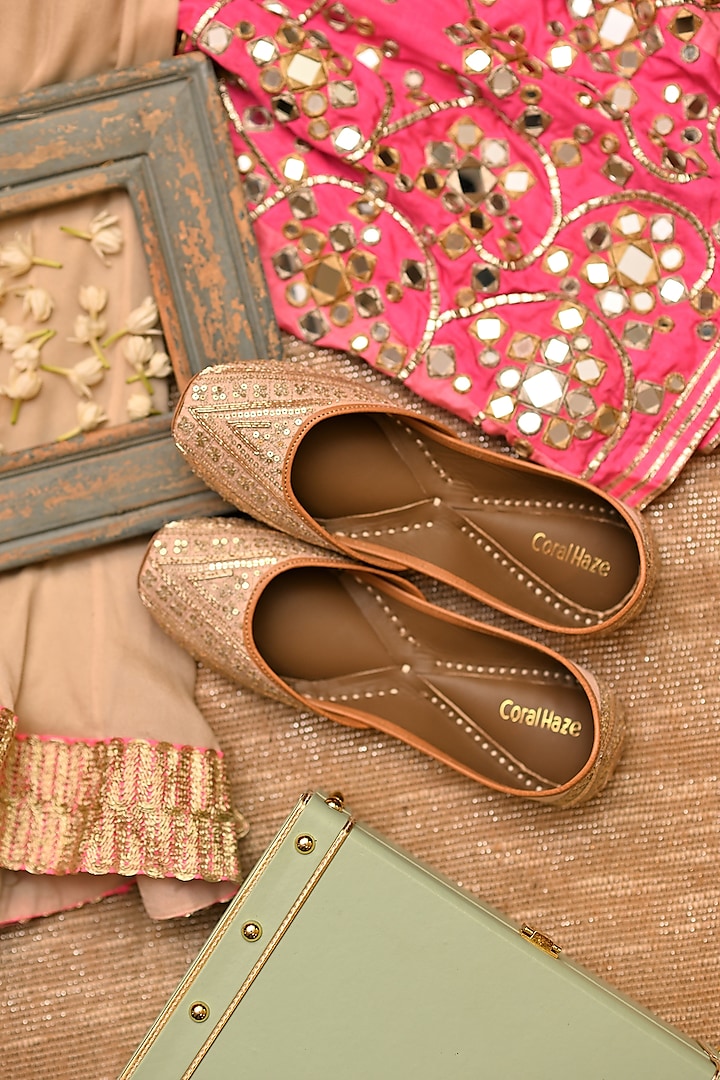 Peach Genuine Leather Sequins Hand Embroidered Juttis by Coral Haze at Pernia's Pop Up Shop