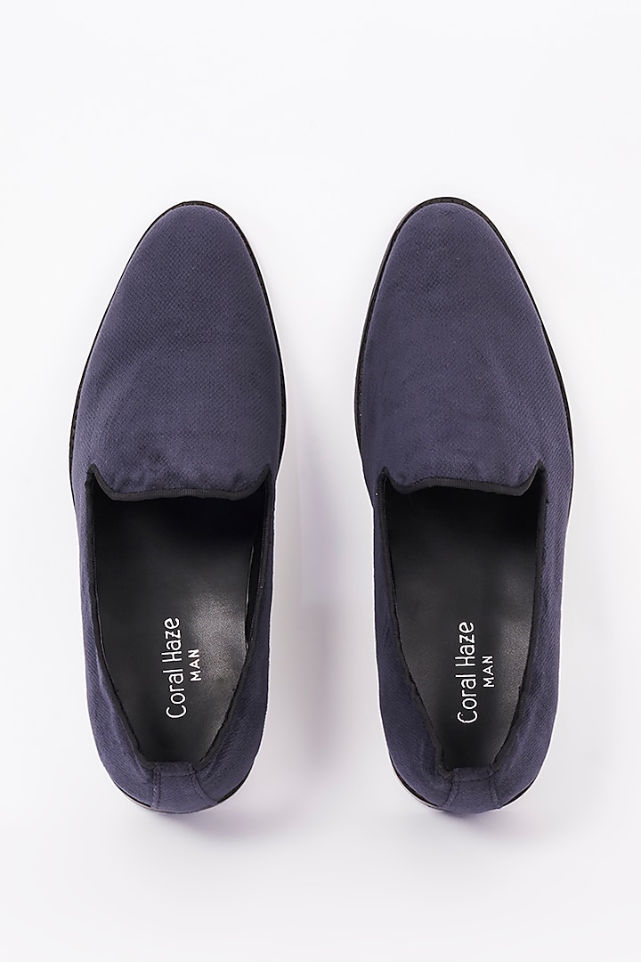Dark Blue Textured Velvet Loafers by CORAL HAZE MEN