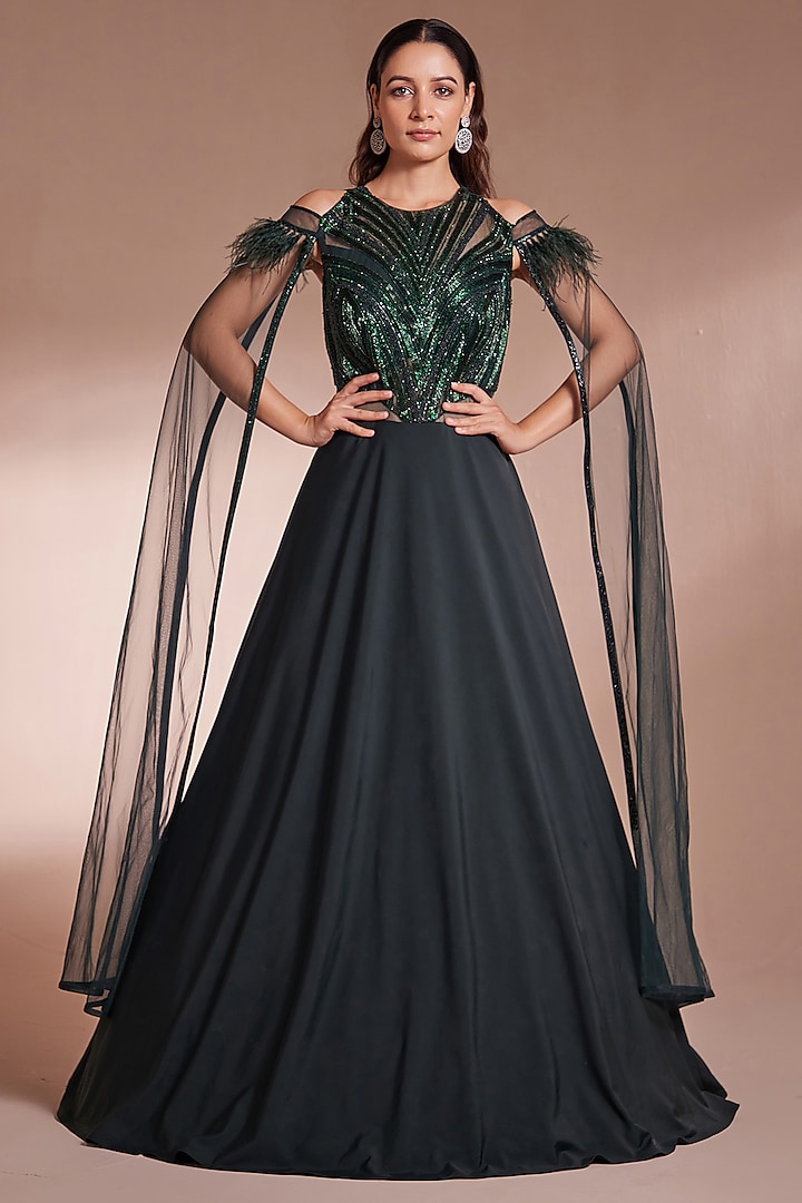 Green Lycra & Net Embroidered Gown by Chaashni by Maansi and Ketan