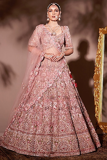 Pink Tissue Organza & Net Embroidered Wedding Lehenga Set by Chaashni by Maansi and Ketan at Pernia's Pop Up Shop