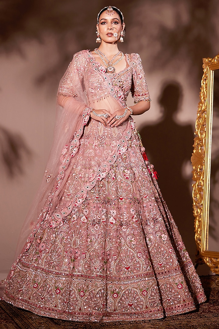 Pink Tissue Organza & Net Embroidered Lehenga Set by Chaashni by Maansi and Ketan