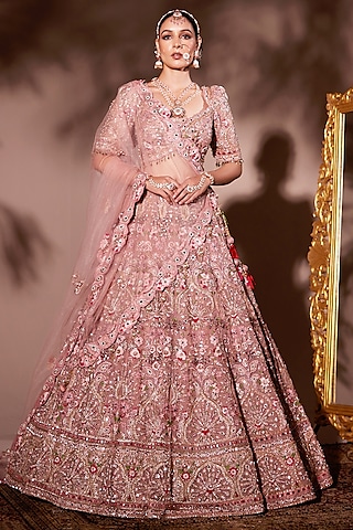 Pink Tissue Organza & Net Embroidered Lehenga Set by Chaashni by Maansi and Ketan