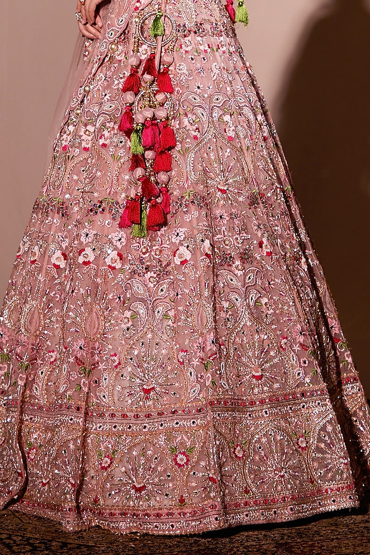 Pink Tissue Organza & Net Embroidered Wedding Lehenga Set by Chaashni ...