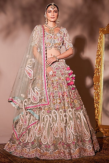 Green Tissue Organza & Net Embroidered Bridal Lehenga Set by Chaashni by Maansi and Ketan at Pernia's Pop Up Shop