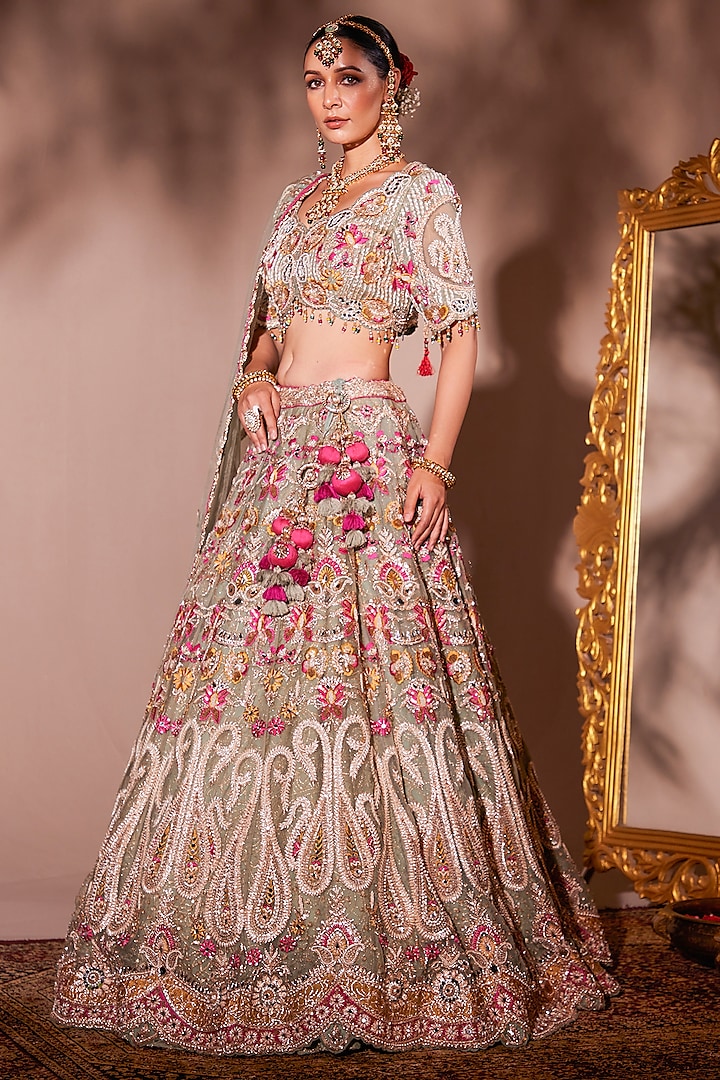 Green Tissue Organza & Net Embroidered Bridal Lehenga Set by Chaashni by Maansi and Ketan at Pernia's Pop Up Shop