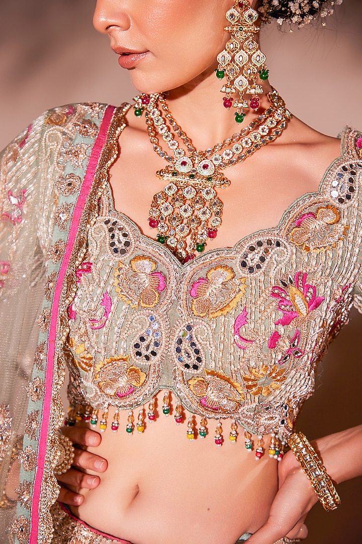 Green Tissue Organza & Net Embroidered Bridal Lehenga Set by Chaashni by Maansi and Ketan at Pernia's Pop Up Shop
