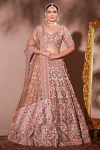 Champagne Tissue Organza & Net Embroidered Lehenga Set by Chaashni by Maansi and Ketan