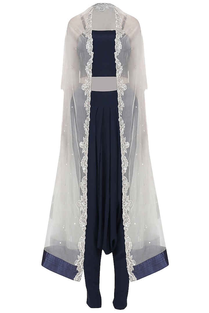 White Zardozi Embroidered Cape with Navy Blue Dhoti and Crop Top Set by Chhavvi Aggarwal