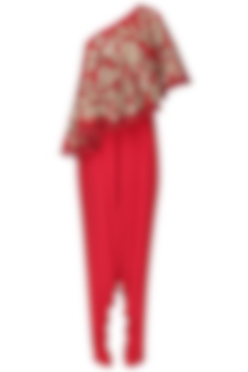 Red Zardozi Embroidered Cape with Dhoti Set by Chhavvi Aggarwal