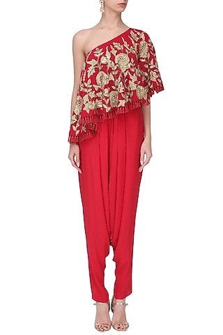 Red Zardozi Embroidered Cape with Dhoti Set by Chhavvi Aggarwal