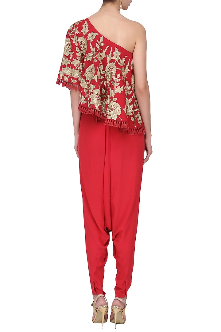 Red zardozi embroidered cape with dhoti set available only at Pernia's Pop Up Shop.