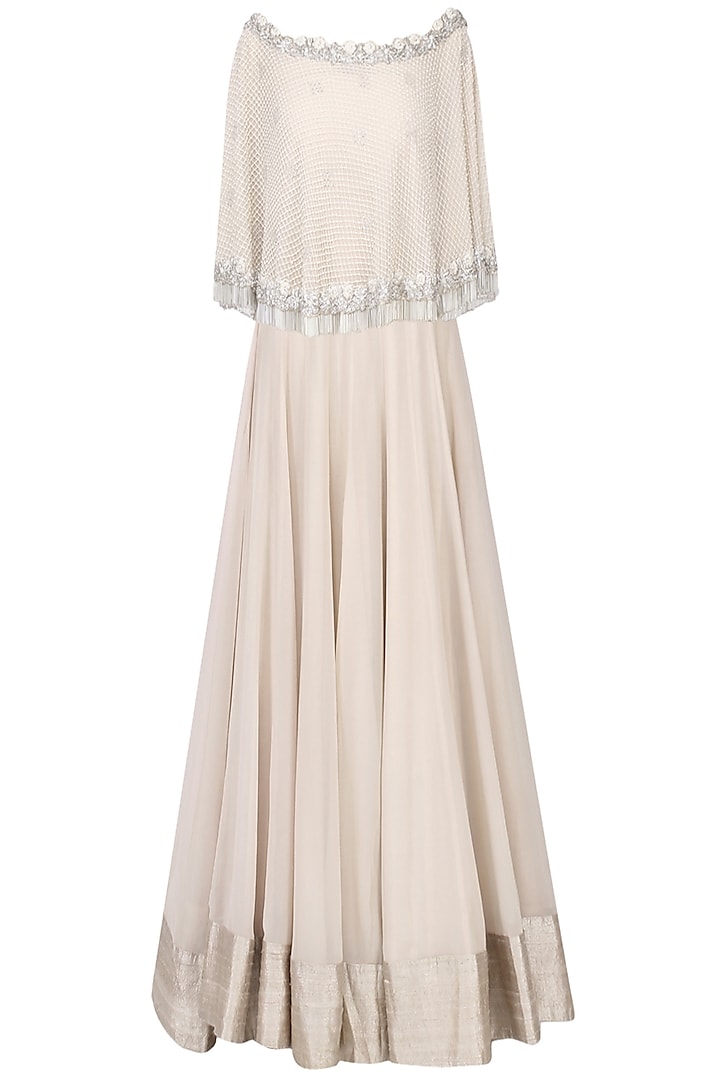 Nude zardozi embroidered cape with lehenga set available only at Pernia's Pop Up Shop.