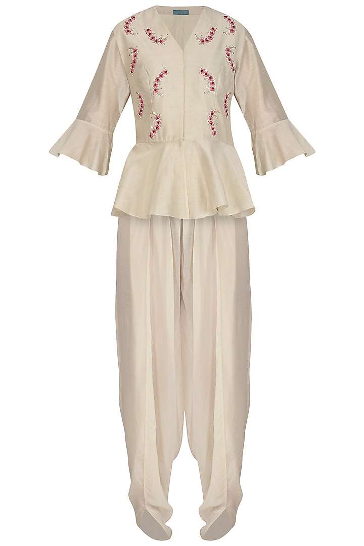 Cream Embroidered Peplum Top With Dhoti Pants by Chhavvi Aggarwal