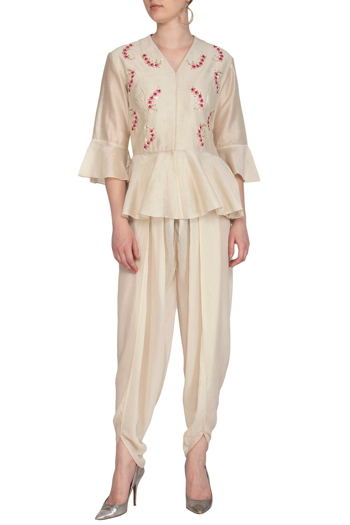 Solid Peplum Top With Dhoti Pants