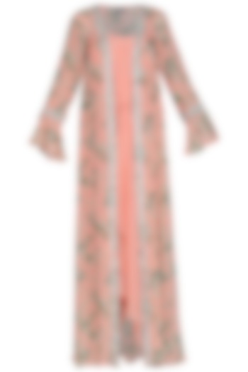Peach Draped Cocktail Dress With Printed Embroidered Jacket by Chhavvi Aggarwal at Pernia's Pop Up Shop