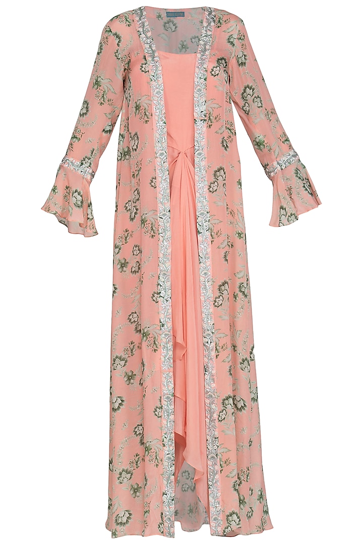 Peach Draped Dress With Printed Embroidered Jacket by Chhavvi Aggarwal