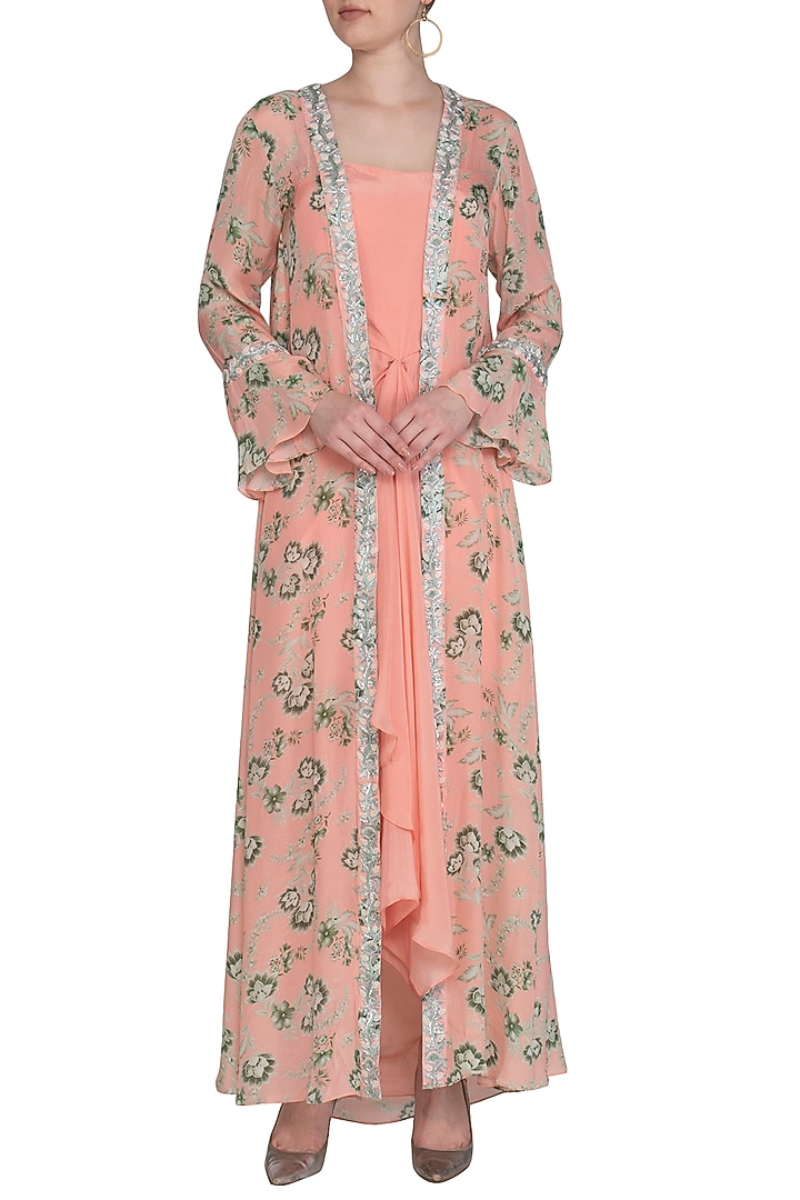 Peach Draped Cocktail Dress With Printed Embroidered Jacket by Chhavvi Aggarwal at Pernia's Pop Up Shop