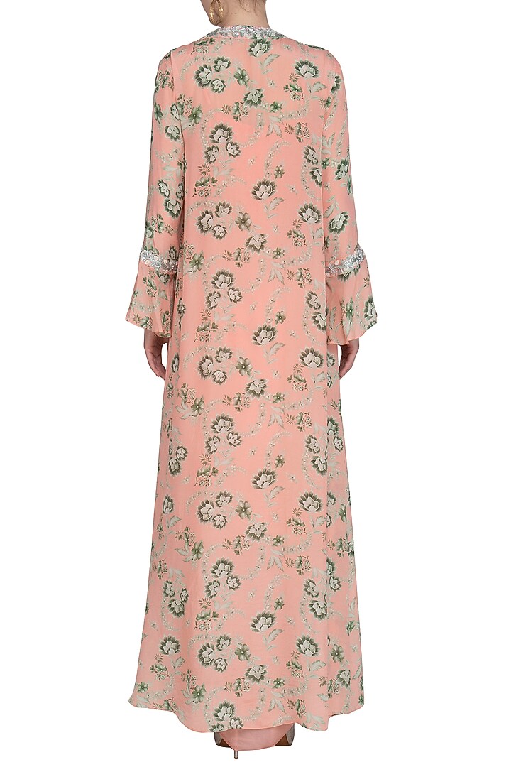 Peach Draped Cocktail Dress With Printed Embroidered Jacket by Chhavvi Aggarwal at Pernia's Pop Up Shop
