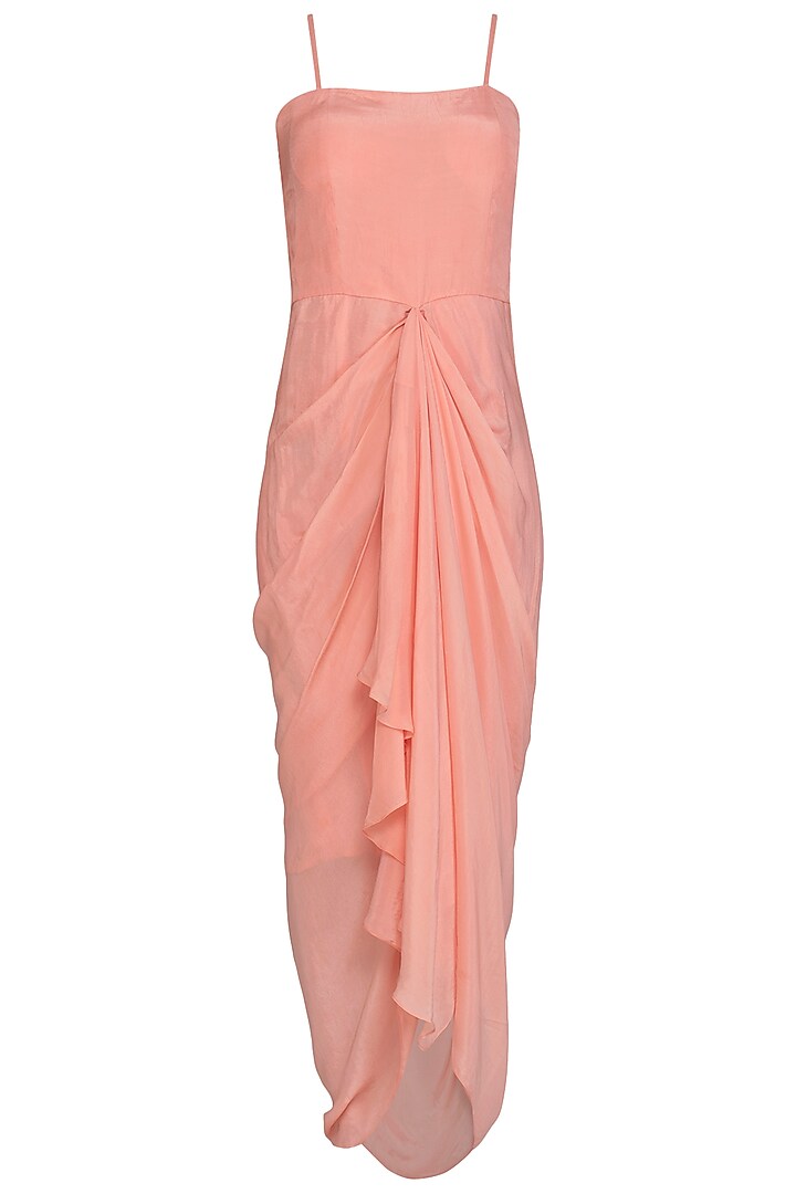 Peach Draped Cocktail Dress With Printed Embroidered Jacket by Chhavvi Aggarwal at Pernia's Pop Up Shop