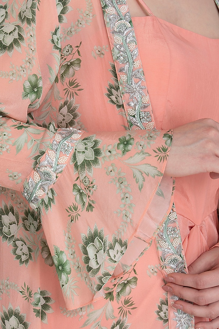Peach Draped Cocktail Dress With Printed Embroidered Jacket by Chhavvi Aggarwal at Pernia's Pop Up Shop