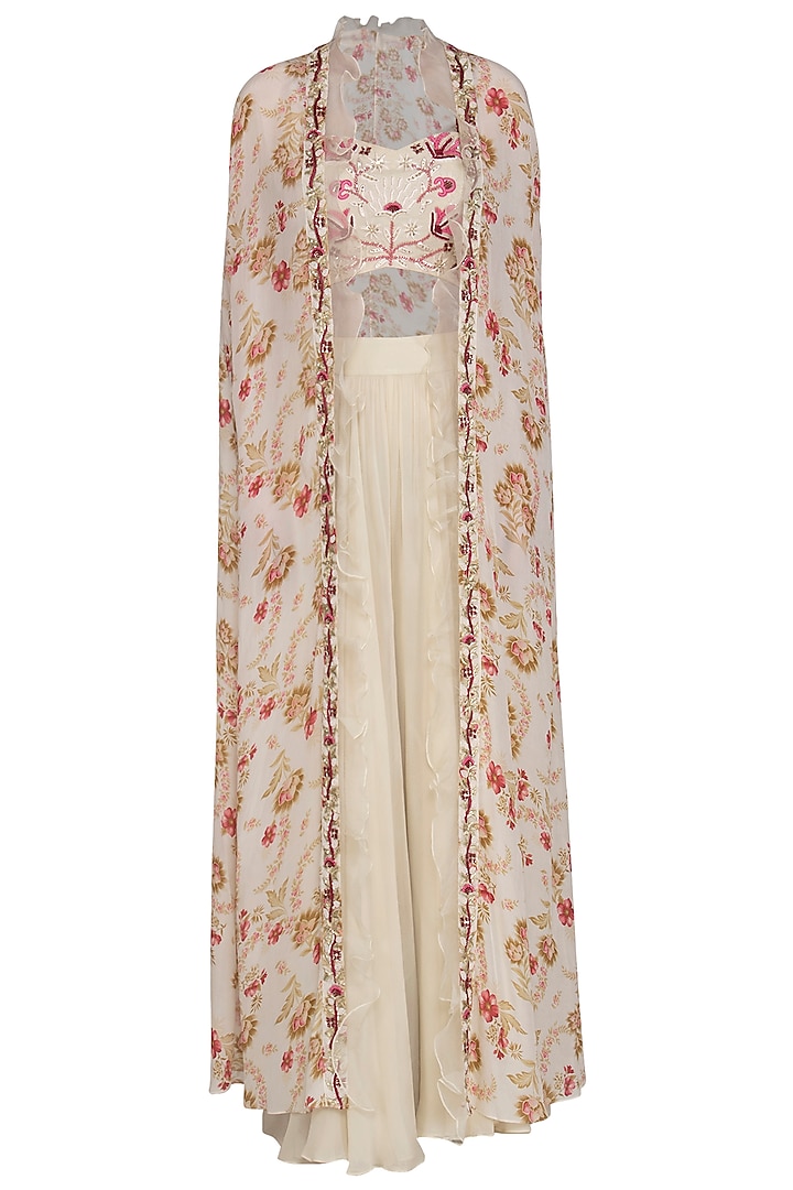 Cream Embroidered Blouse With Palazzo Pants With Cape by Chhavvi Aggarwal