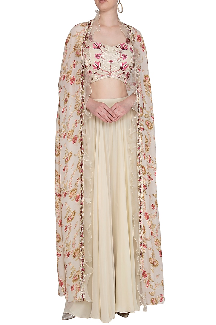 Cream Embroidered Blouse With Palazzo Pants With Cape by Chhavvi Aggarwal at Pernia's Pop Up Shop