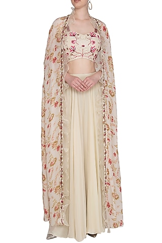 Cream Embroidered Blouse With Palazzo Pants With Cape by Chhavvi Aggarwal