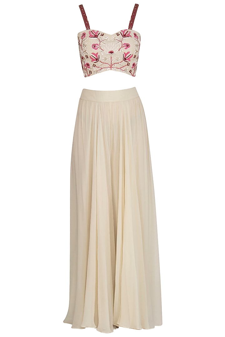 Cream Embroidered Blouse With Palazzo Pants With Cape by Chhavvi Aggarwal at Pernia's Pop Up Shop
