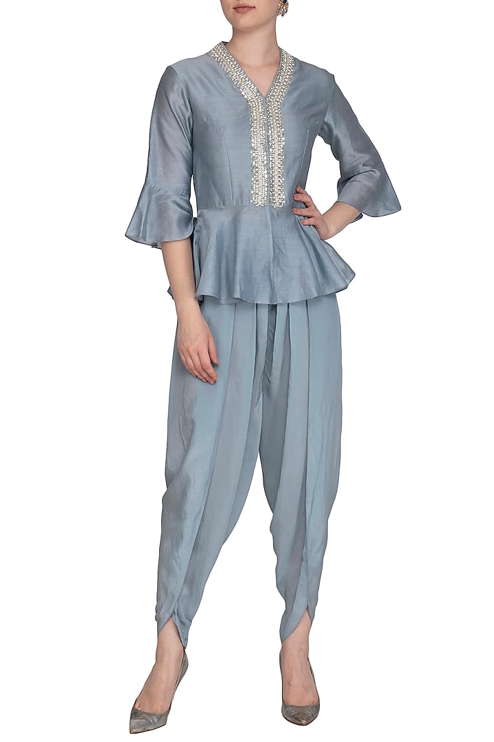 Grey Pearl Peplum Top With Dhoti Pants by Chhavvi Aggarwal at Pernia's Pop Up Shop
