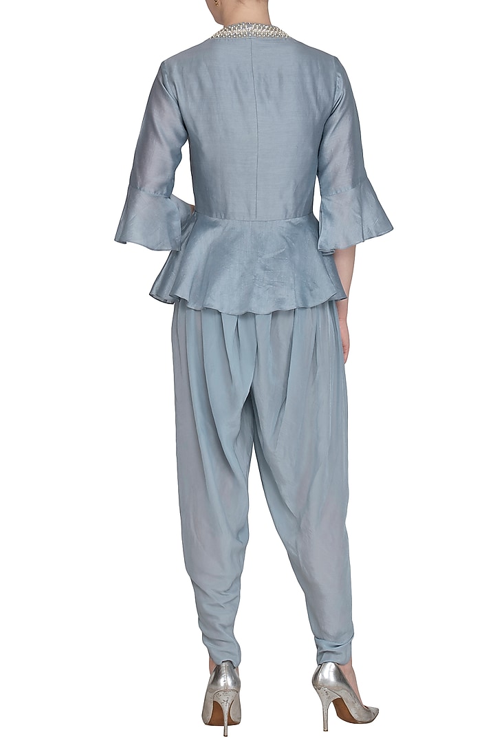 Grey Pearl Peplum Top With Dhoti Pants by Chhavvi Aggarwal at Pernia's Pop Up Shop
