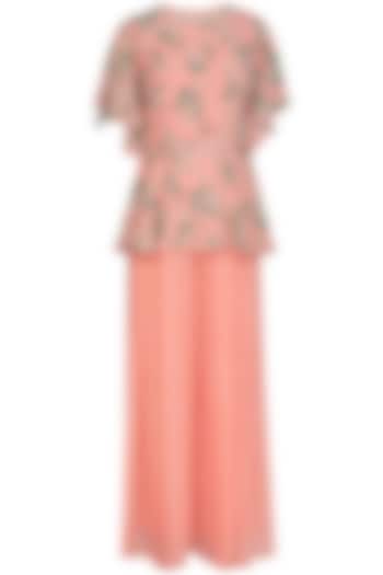 Peach Printed Pearl Peplum Top With Pleated Pants by Chhavvi Aggarwal at Pernia's Pop Up Shop